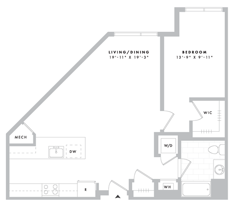 Floor plan for 1 bed, 1 bath, 848 sqft